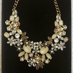 Custom Made Gold-Tone Statement Necklace with Sparkling Dark Green Flowers